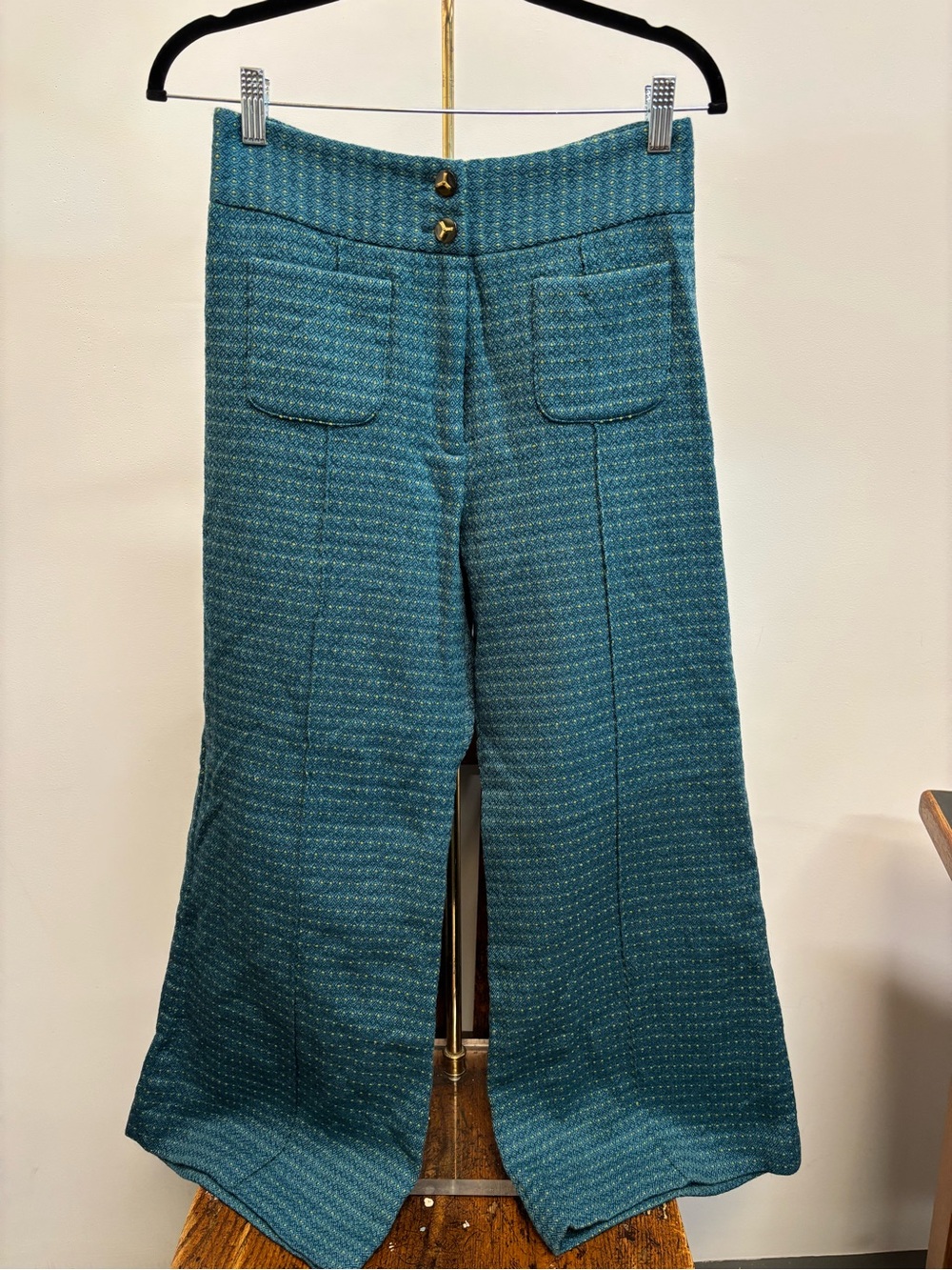 Erica Tanov Teal Textured Wide-Leg Wool Trouser Pants medium